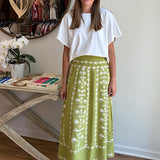 Madison Matthews Hanley Midi Skirt in Bayleaf with Cream Embroidery