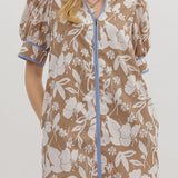 The Lane Dress in Brown Floral with Light Blue Trim