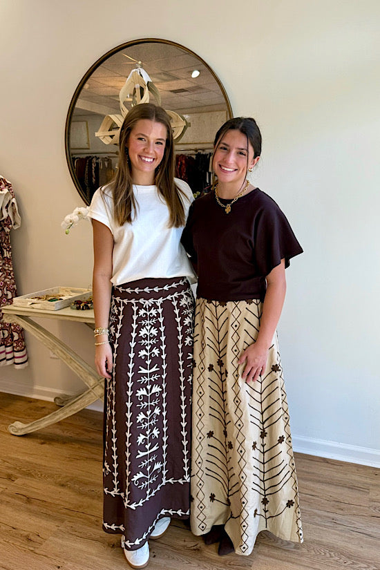 Madison Mathews Chocolate Brown and Off White Embroidered Skirt