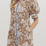 The Lane Dress in Brown Floral with Light Blue Trim