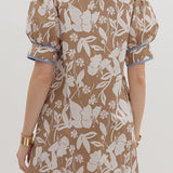 The Lane Dress in Brown Floral with Light Blue Trim