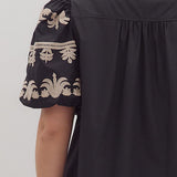 Puff Sleeve Embroidered Top in Black