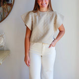 Quilted Jacquard Top with Ruffle Sleeves in Taupe