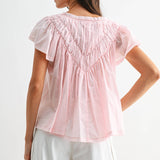 FLUTTER SLEEVE GATHERED NECK DETAIL BLOUSE