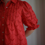 Pintuck Scalloped Eyelet Puff Sleeve Mini Shirt Dress