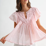 FLUTTER SLEEVE GATHERED NECK DETAIL BLOUSE