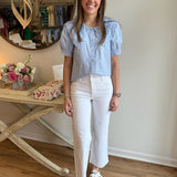 The Embroidered Collar Top in Sky Blue