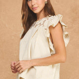 Striped Floral Crochet Lace Yoke Flutter Sleeve Top