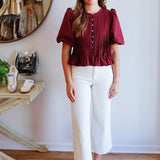 Pintuck Puff Sleeve Peplum Top in Wine