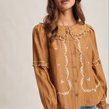 Embroidered Ruffle Collar Cotton Blouse