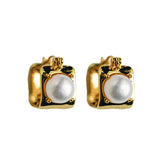 Vintage Mini Square Gold Pearl Huggie Hoop Earrings