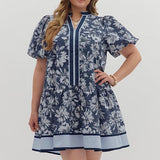 Navy Floral Bubble Sleeve Dress