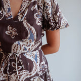 Paisley Print Puff Sleeve Midi in Chocolate