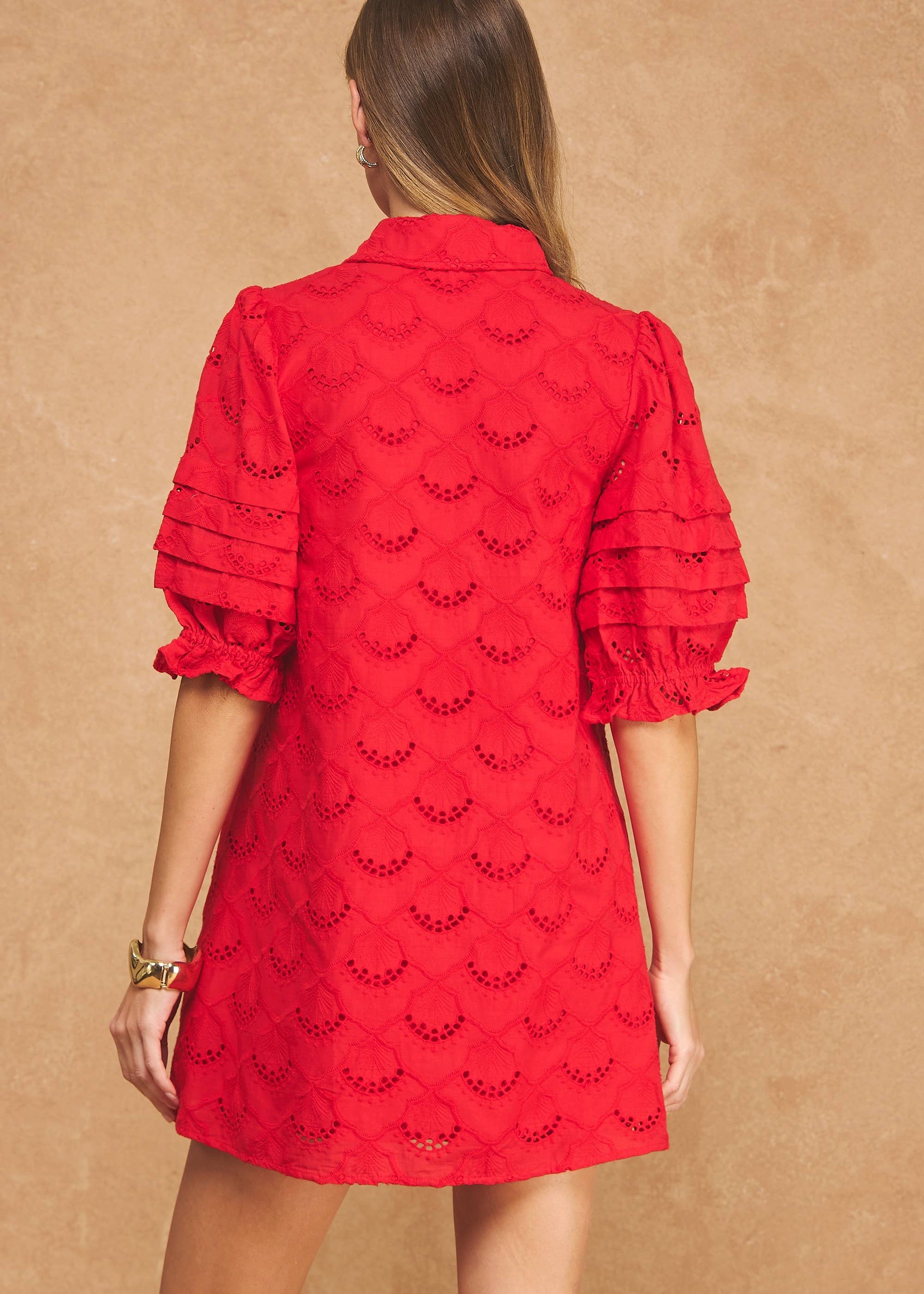 Pintuck Scalloped Eyelet Puff Sleeve Mini Shirt Dress