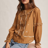 Embroidered Ruffle Collar Cotton Blouse