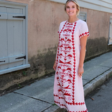 Madison Matthews Anne Maxi Linen Dress Shell Pink with Red Embroidery