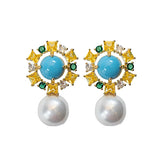 Palm Beach Glam Vintage Pearl Turquoise Statement Earrings