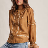 Embroidered Ruffle Collar Cotton Blouse