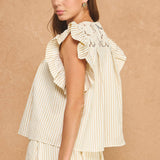 Striped Floral Crochet Lace Yoke Flutter Sleeve Top
