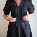 The Puff Sleeve White Stitch Dress in Black