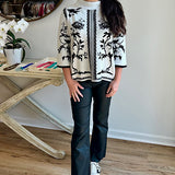 The Jackie Sweater in White with Black Floral Detail