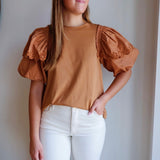 Crew Neck Jersey Top with Poplin Bubble Sleeve