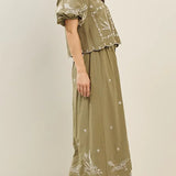 Olive Embroidred Top and Skirt Set