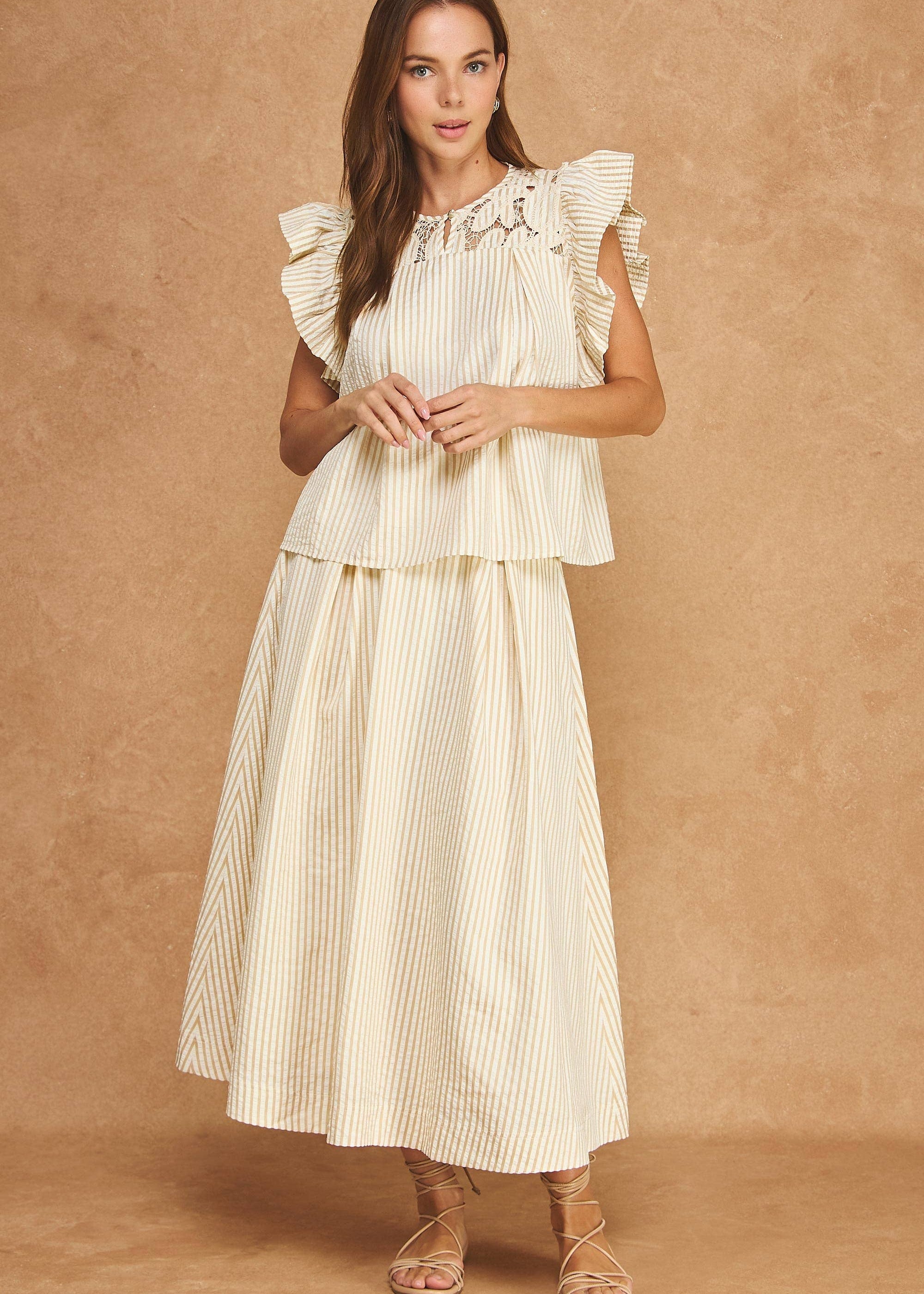 Striped A-Line Seersucker Pleat Midi Skirt