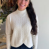 Mock Neck Cable Knit Sweater in Off White