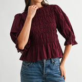 SMOCKED PEPLUM PUFF SLEEVE TOP