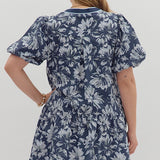 Navy Floral Bubble Sleeve Dress