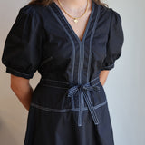 The Puff Sleeve White Stitch Dress in Black