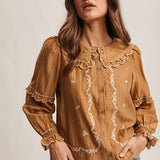 Embroidered Ruffle Collar Cotton Blouse