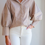 Brown Pinstripe Puff Sleeve Top
