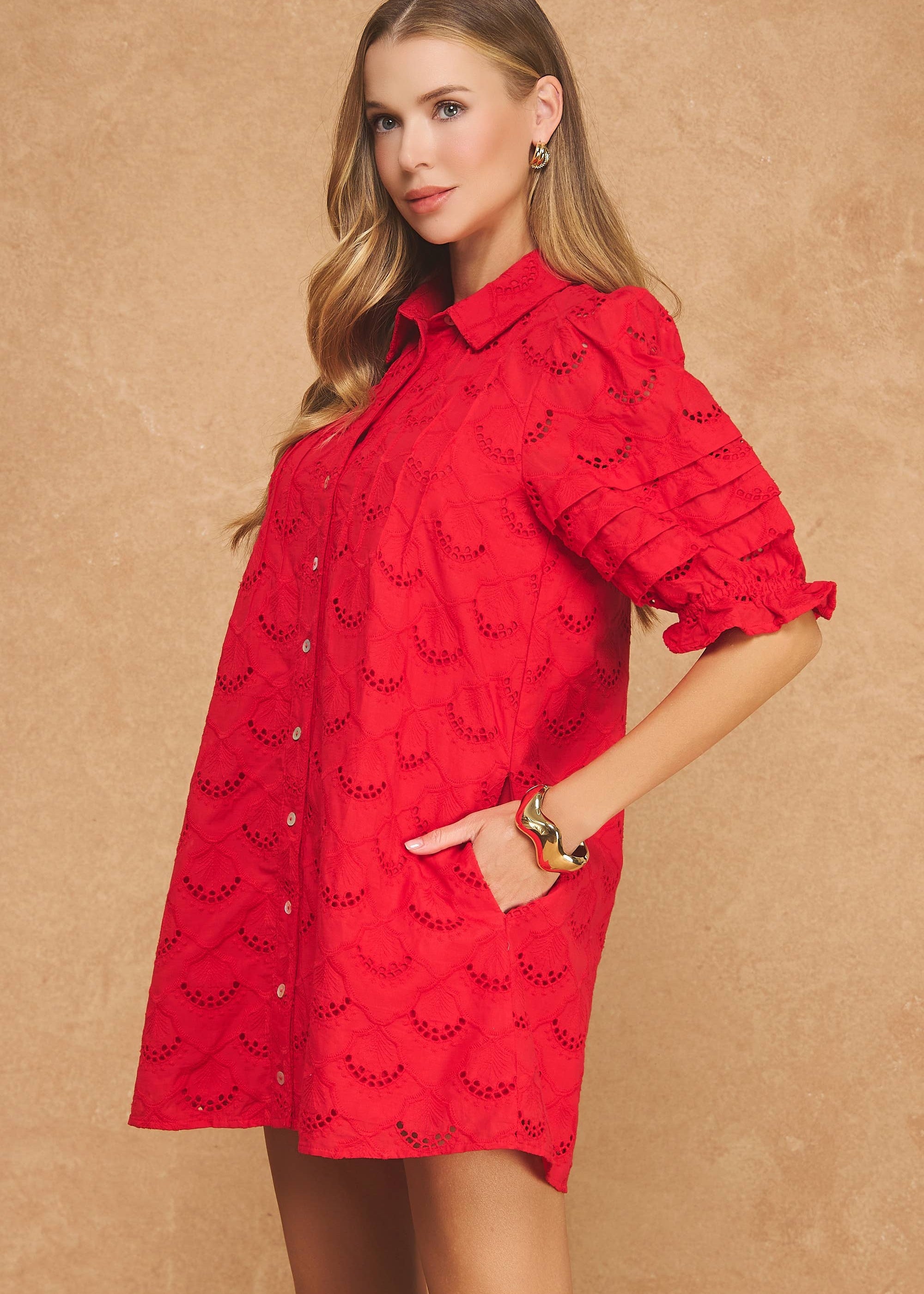 Pintuck Scalloped Eyelet Puff Sleeve Mini Shirt Dress