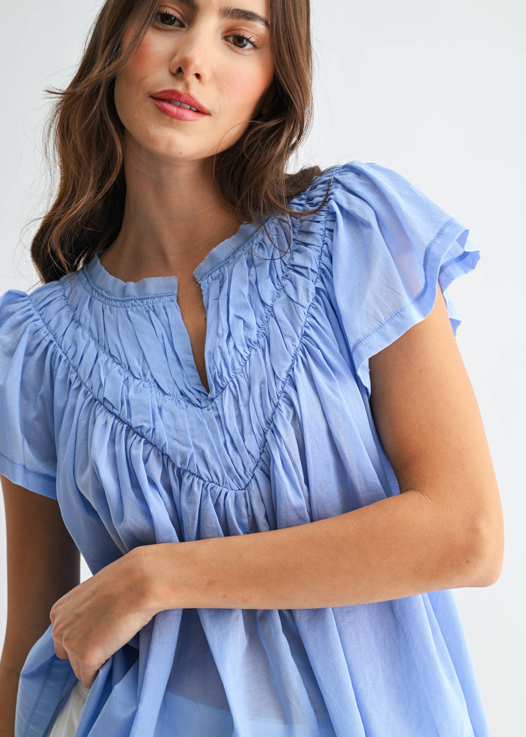 FLUTTER SLEEVE GATHERED NECK DETAIL BLOUSE