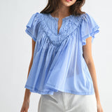 FLUTTER SLEEVE GATHERED NECK DETAIL BLOUSE