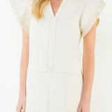Flutter Sleeve Dress in Off White Denim with Ecru Trim