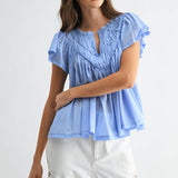 FLUTTER SLEEVE GATHERED NECK DETAIL BLOUSE
