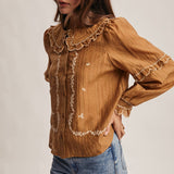 Embroidered Ruffle Collar Cotton Blouse