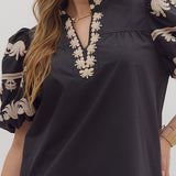 Puff Sleeve Embroidered Top in Black