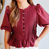 Pintuck Puff Sleeve Peplum Top in Wine