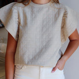 Quilted Jacquard Top with Ruffle Sleeves in Taupe