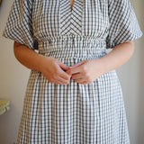 Checkered Elastic Waist Puff Sleeve Midi Dress