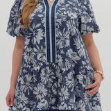 Navy Floral Bubble Sleeve Dress