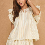 Striped Floral Crochet Lace Yoke Flutter Sleeve Top