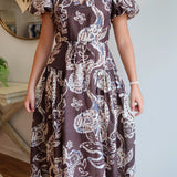Paisley Print Puff Sleeve Midi in Chocolate