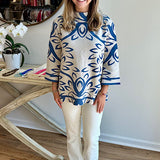 The Jackie Sweater in Ecru and Blue Pattern