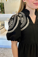 Black Embroidered Puff Sleeve Dress