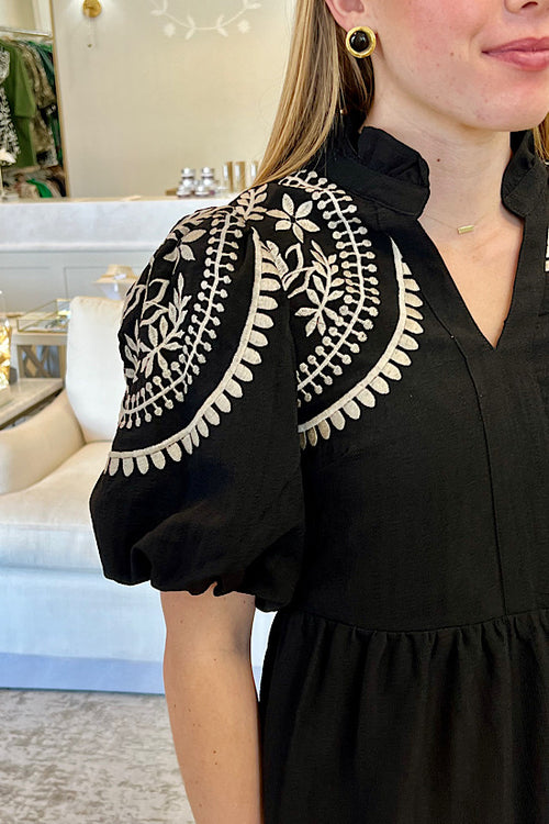 Black Embroidered Puff Sleeve Dress